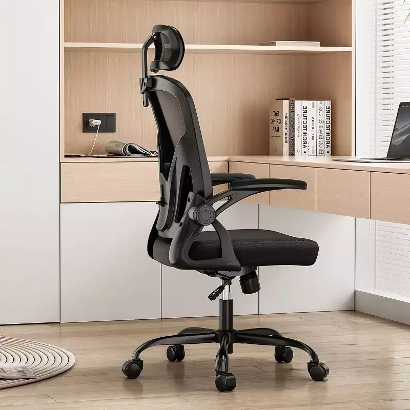 Desk Chair with Wheels, Office Chair with Flip-Up Arms, Adjustable Headrest&Lumbar Support for Office, Study, Reading Room