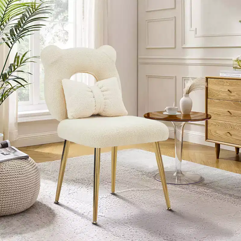 Furniliving Vanity Chair, Faux Shearling Upholstery, Backrest Pillow and Golden Metal Legs, for Living Room/Dressing Room/Home Office