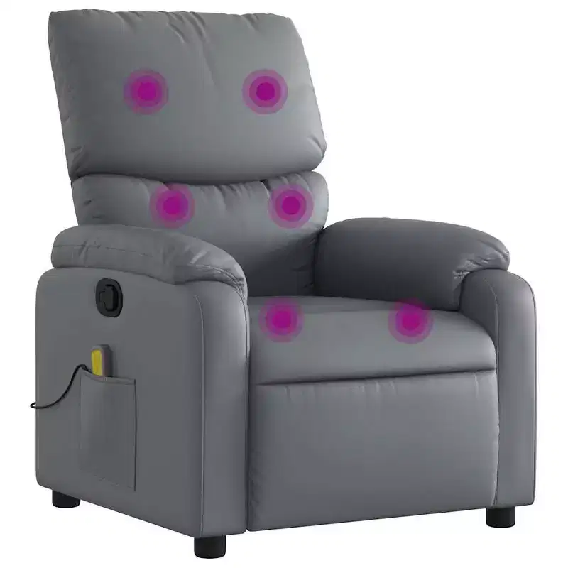 vidaXL Leather Massage Recliner Chair for Living Room, Home Theater, 6-Point Vibration Massage, Adjustable Back & Footrest, Side Pocket, Gray