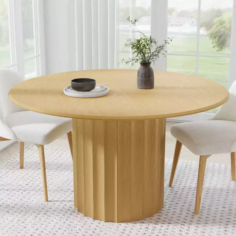 PexFix 52 Wood Round Dining Table Kitchen Table for 4-6 with Arc-Shaped Edge Top & Fluted Pedestal for Living/Dining Room Coffee Office Natural