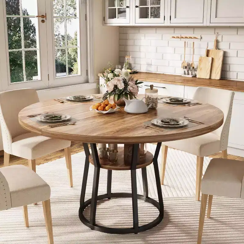 COZONY 47 Round Dining Table for 4, Farmhouse Wood Table with Storage Shelf & Metal Legs, Space-Saving Kitchen Furniture