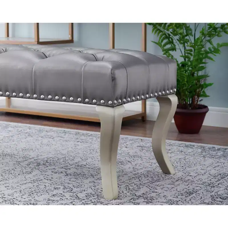 Champagne Tufted Faux Leather Bench with Nailhead Trim