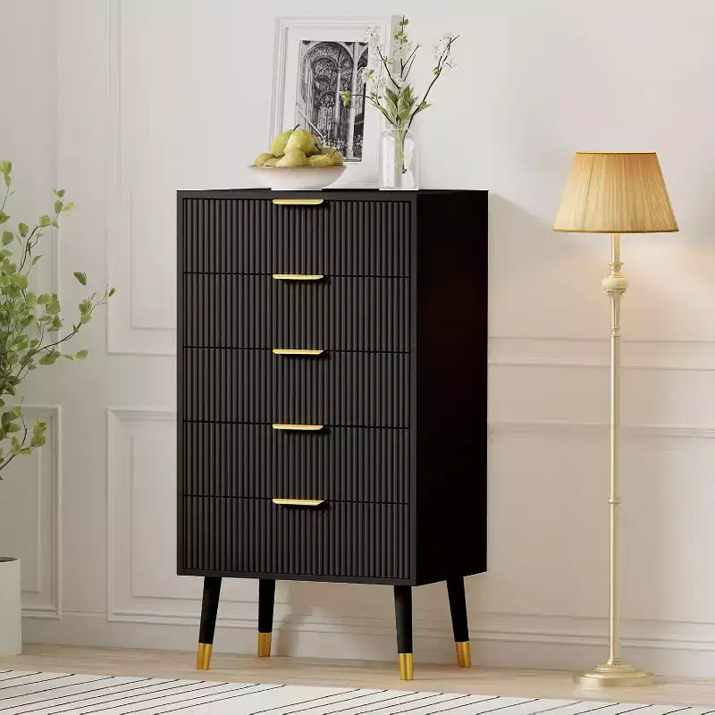 Fluted 5-Drawer Dresser - Gold Accent Modern Storage Cabinet for Bedroom & Living Room