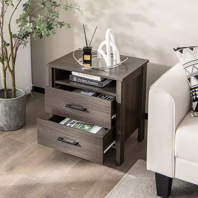 Costway Nightstand Drawers Rustic Side End Table Storage Compartment Cable Hole Oak\Walnut