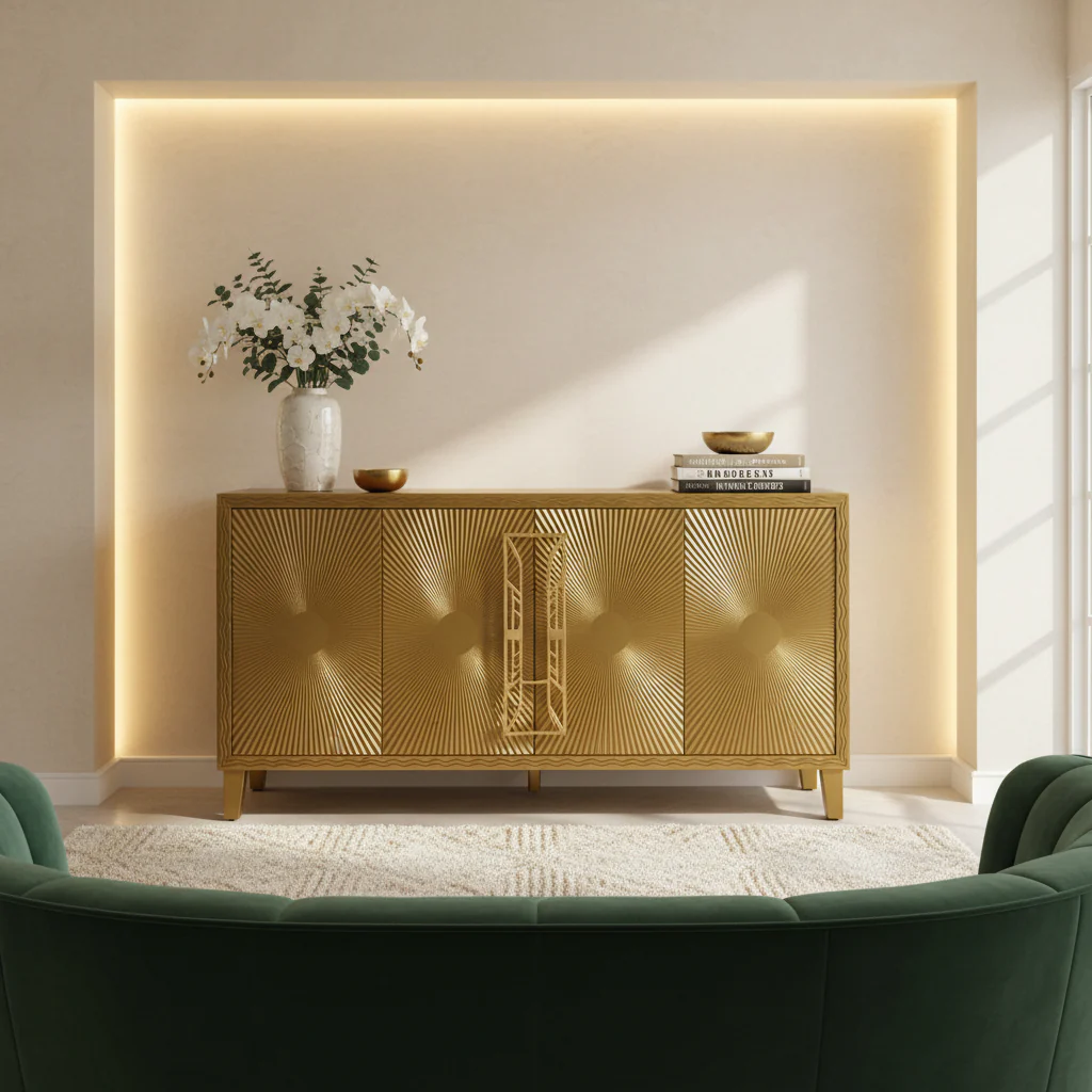 Vintage Natural 4-Door Storage Cabinet with Carved Pattern, Adjustable Shelves, and Large Buffet for Living Room