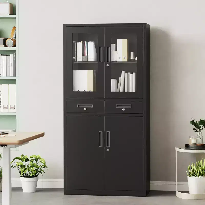 71 Metal Storage Cabinet with Glass Doors, 2 Drawers & Adjustable Shelves, Heavy Duty Locking Steel Organizer for Garage, Office, Workshop, School
