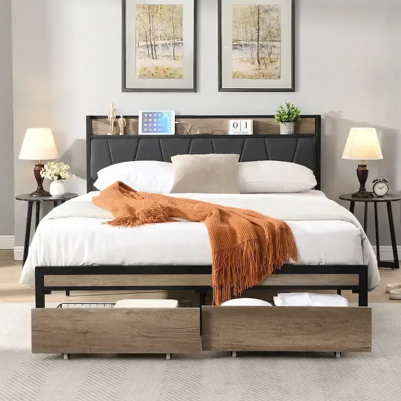 Black+Grey Full Size Metal Bed with Upholstered Storage Headboard and USB