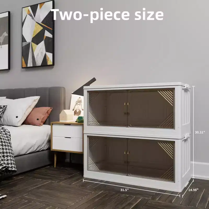 2-Pack 31.5 Wide Transparent Plastic Storage Cabinets: Stackable, Folding, Open Front - Ideal for Closet Organization