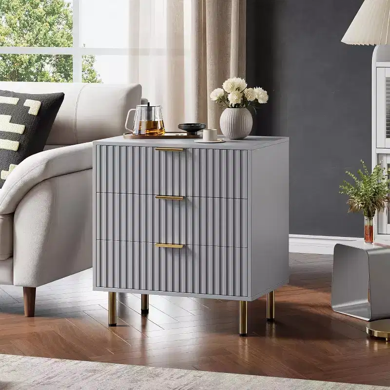 3 Drawer Dresser, Modern Fluted Nightstand with Deep Drawers & Gold Legs, Small Side Table Organizer for Bedroom or Living Room