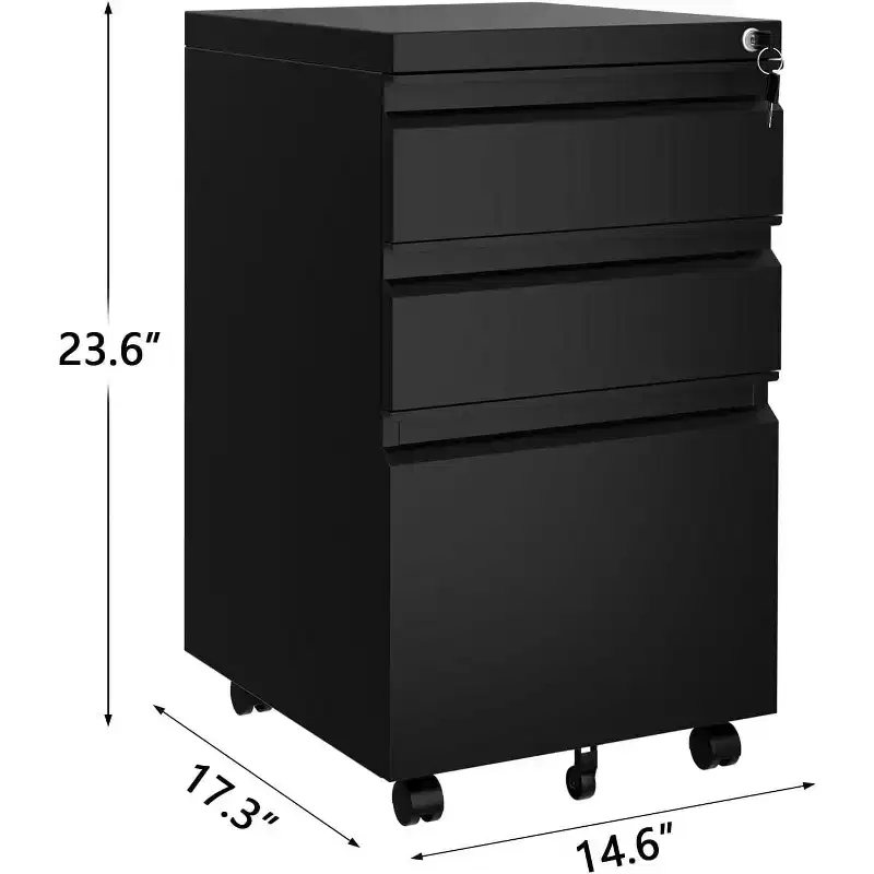 3-Drawer Adjustable Shelf Mobile File Cabinet with Lock Keys For Office Home Workspace, Under Desk Lateral Storage Fits Legal Letter A4, Black