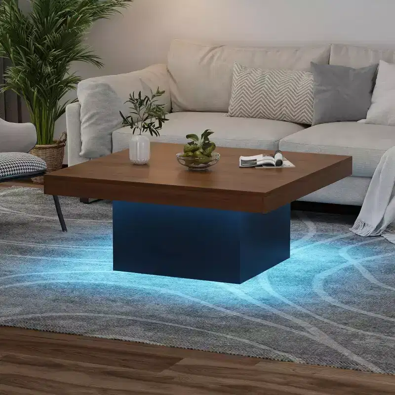 Square Coffee Table with Led Lights, 35 inch Living Room Tables, Modern Coffee Tables with Plug-in 16-Color LED Lights for Home Office Brown