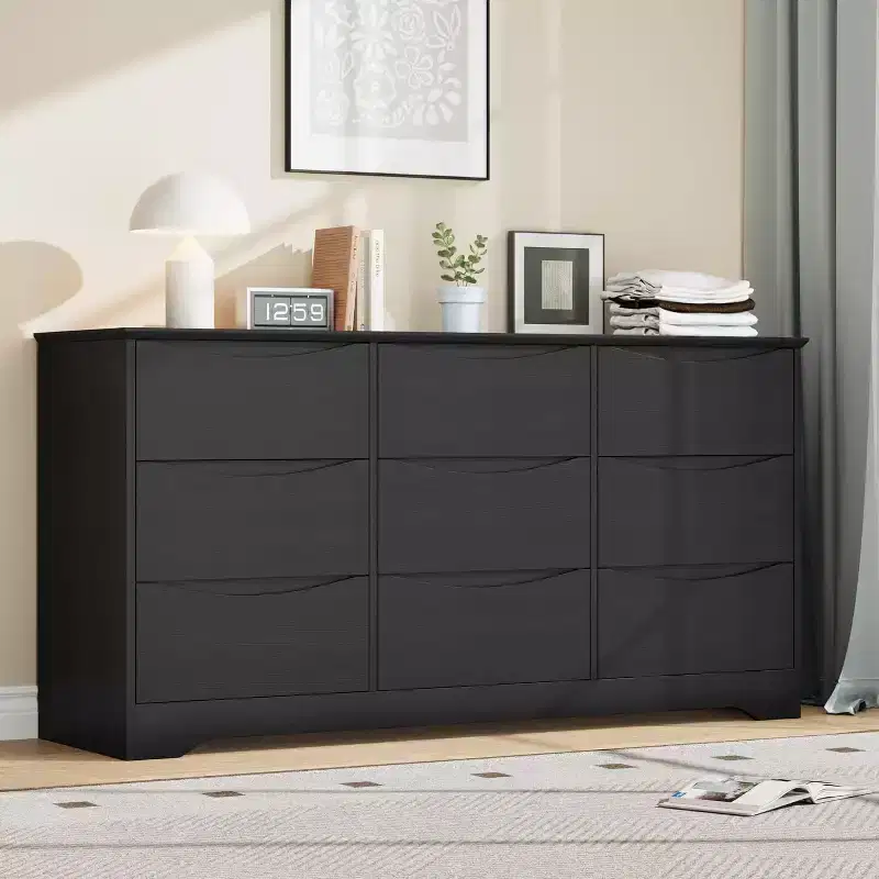 9 Drawer Dresser for Bedroom, 59W Wooden Chest of Drawers with Wide Top, Large Dresser TV Stand, Clothes Storage Organizer for Living Room