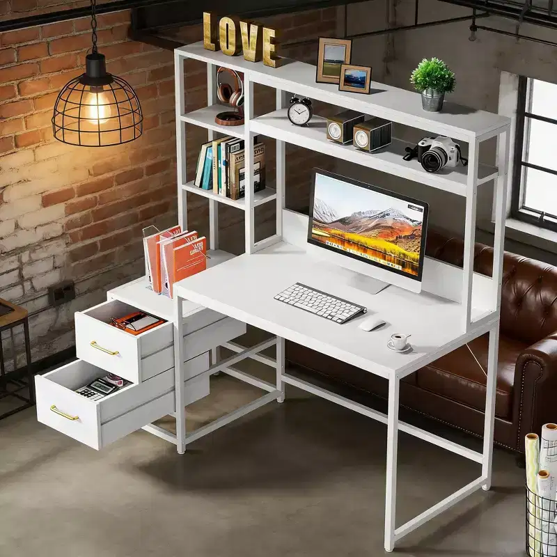 Office Storage Table, Tall Computer Desk with Hutch, 2 Drawers and Open Shelves, Modern Writing Table for Home Office, Study, Bedroom, White