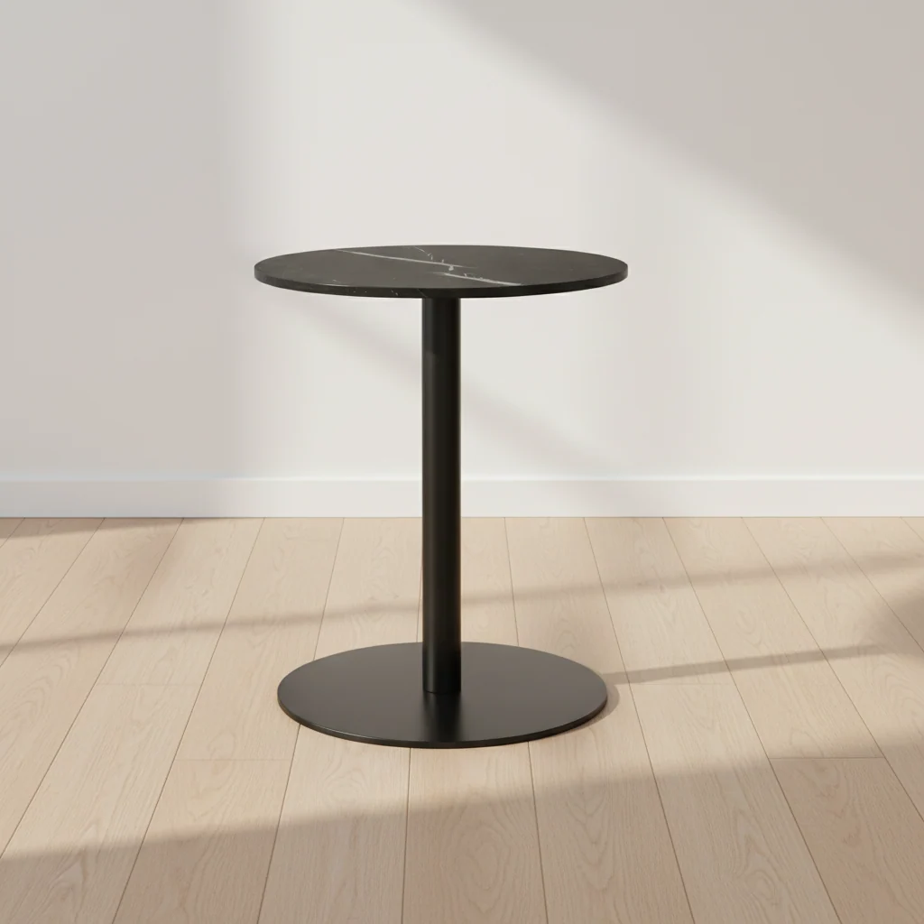 Modern Black Marble Round Dining Table with Slender Column Pedestal for Kitchen or Dining Room