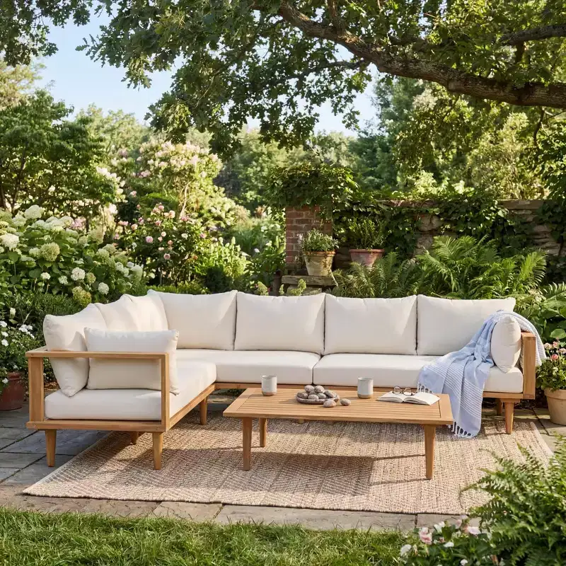 Christopher Knight Home Abena Modern 6-Seater L-Shaped Acacia Patio Sectional Sofa with Slatted Coffee Table and Cushion