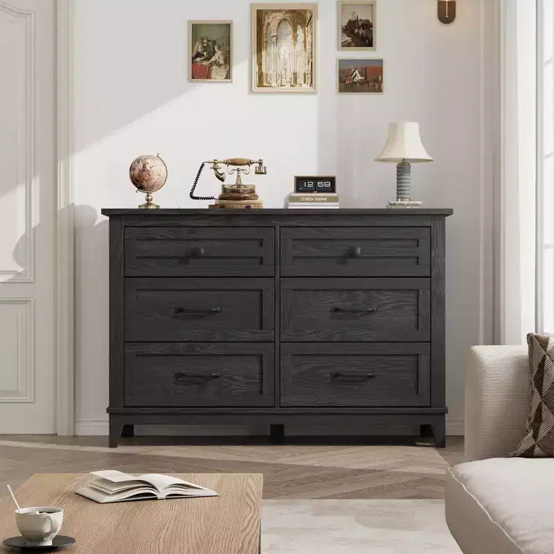 6 Dresser for Bedroom, 47 Wide Dresser, Wide Drawer Dresser with Storage Freestanding, Wooden Closet Dresser Storage Chest for Bedroom, Walnut