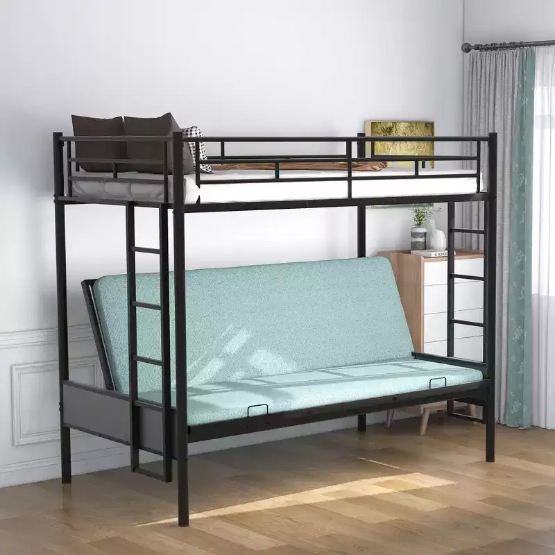 Twin over Full Metal Bunk Bed with Adjustable Lower Bunk – Black, Multi-Function
