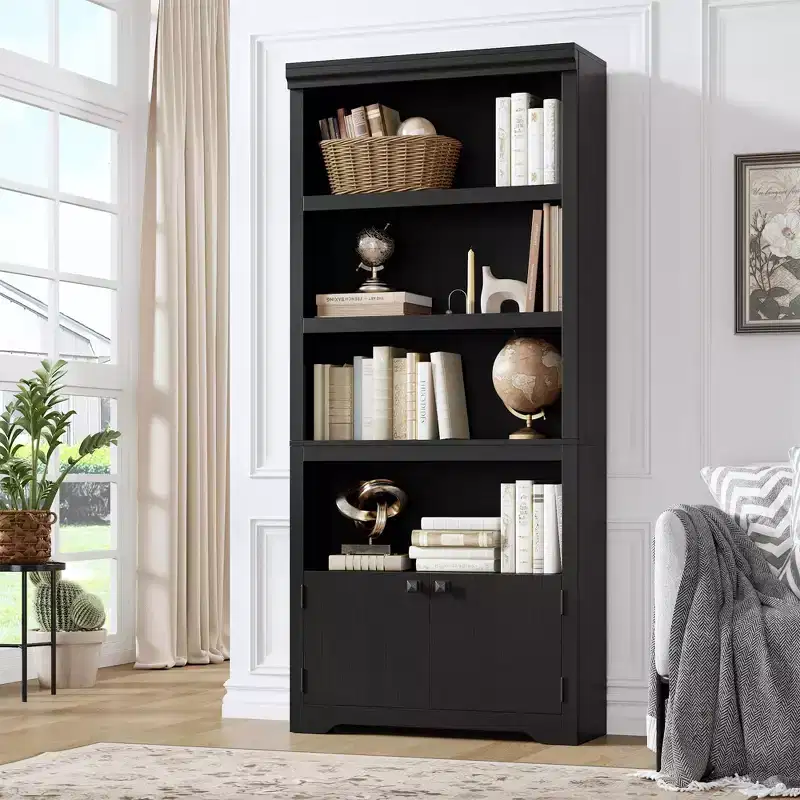 5-Tier Farmhouse Bookcase with 2 Storage Doors, 69 Tall Open Bookshelf Display Rack with Adjustable Shelves for Living Room, Study & Home Office