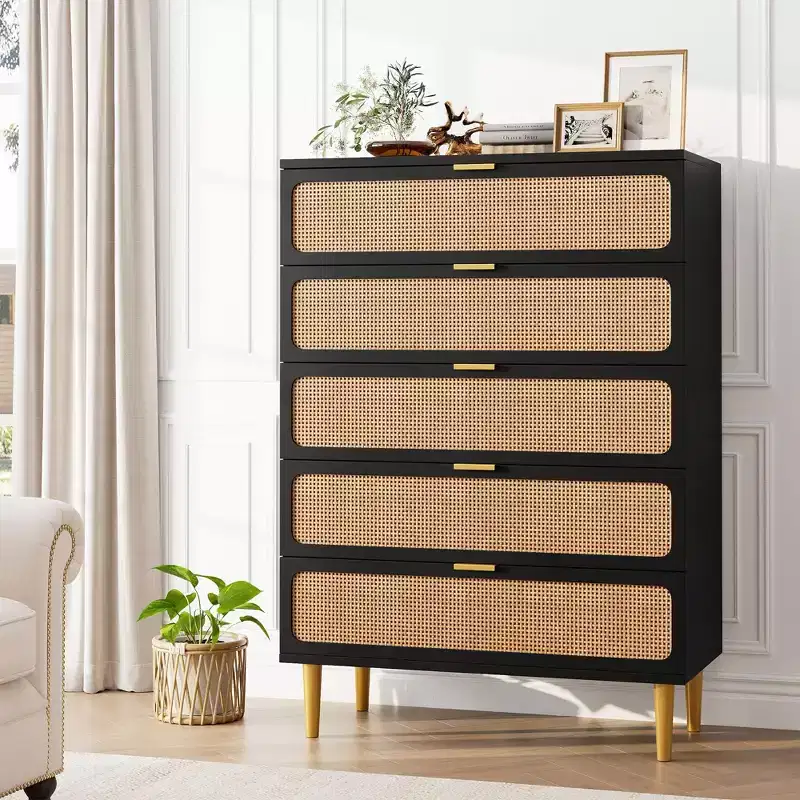 Whizmax Rattan 5 Drawer Dresser for Bedroom, Tall Dresser with Deep Drawers, Large Chest of Drawers for Closet with Wide Top for Living Room, Hallway