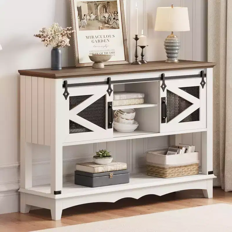 GustoWave 46.5'' Farmhouse Console Table with Sliding Barn Doors & Storage Cabinet - Entryway Table, Sofa Table for Living Room, White