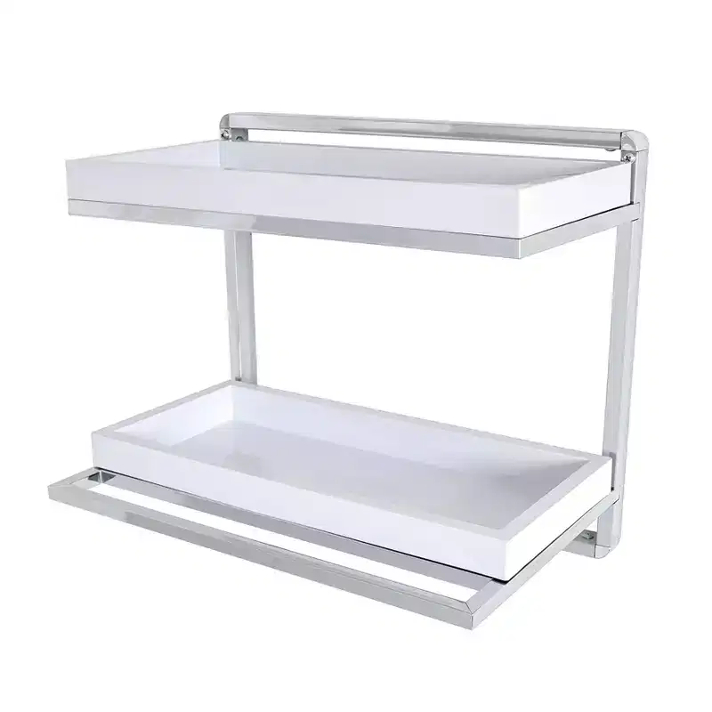 2 Tier Wall Mount Shelving Unit with Towel Rack and Trays Chrome/White -: Modern Bathroom Storage Organizer