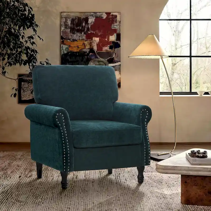Modern Upholstered Armchair Nailhead Trim Accent Chair with Wood Legs
