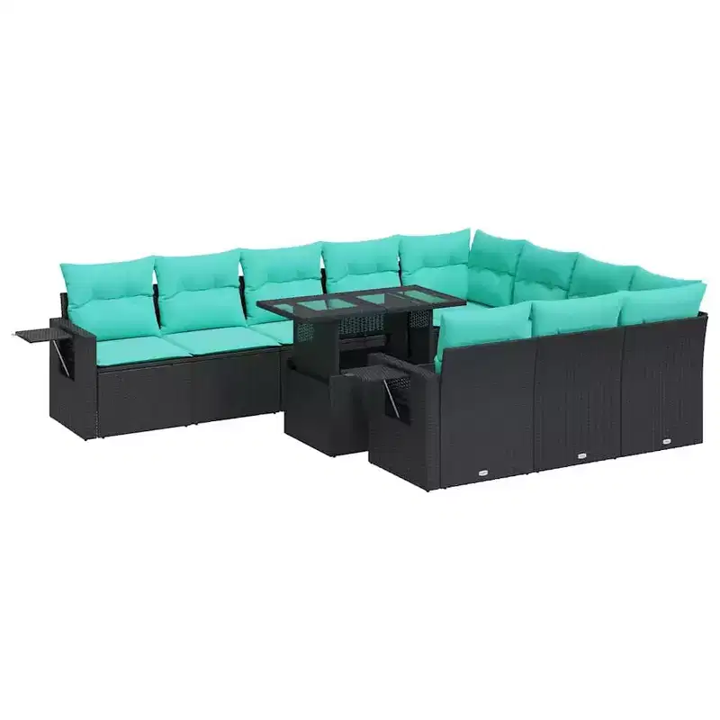 vidaXL 11 Piece Patio Sofa Set with Cushions Black Poly Rattan Acacia