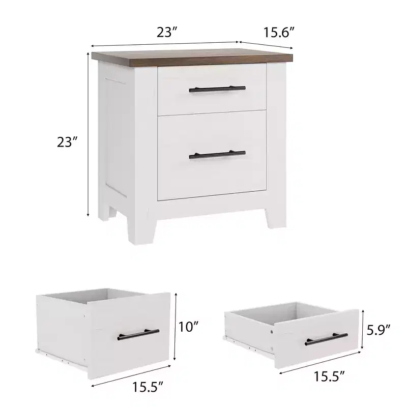 Farmhouse Nightstand with 2 Drawers, Distressed White Bedside Table with Brown Top, Rustic Wood End Table for Bedroom & Living Room