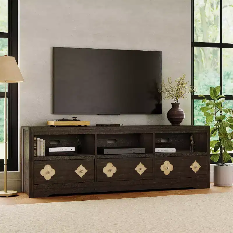 70 Mid Century Modern TV Stand for 85 TV - Carved Drawer Crystal Handles Cable Management 220lbs Capacity MDF Wood Media Center