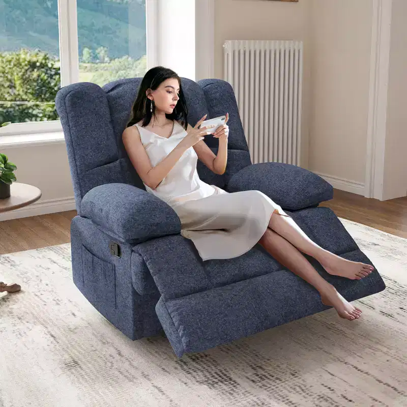 Blue Oversized Rocking Recliner Chair for Adults, Chenille, Ergonomic, Perfect for Living Room