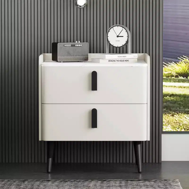 Nightstand with 2 Drawers Marble Pattern Tablrtop for Bedroom White