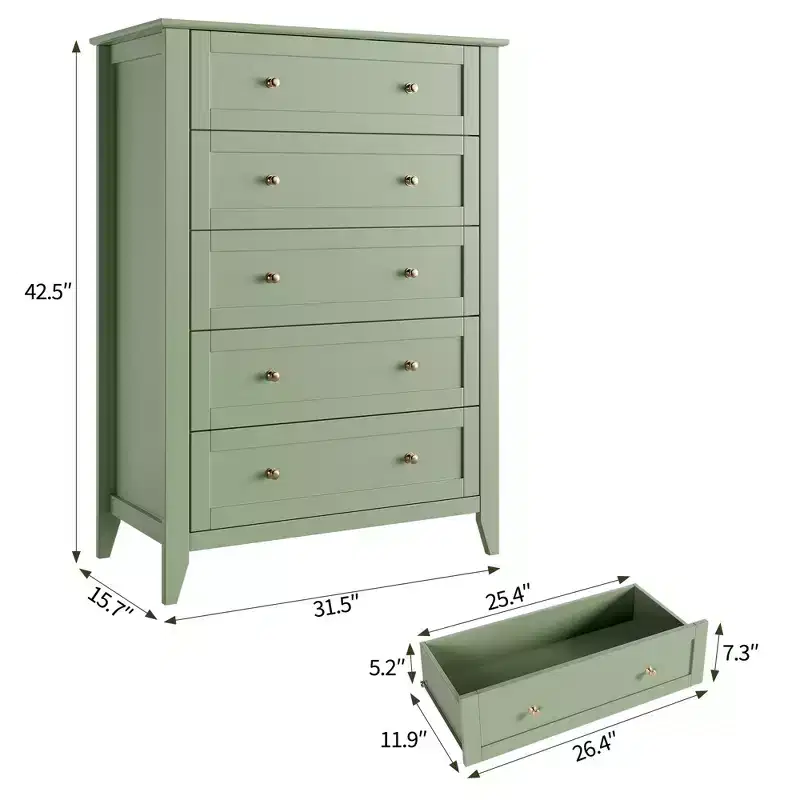 5 Drawer Dresser for Bedroom, Tall Wooden Chest of Drawers with Deep Storage & Metal Knobs, Modern Entryway Organizer