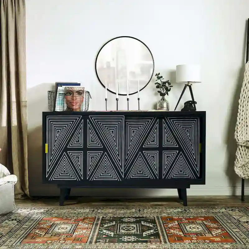 Mid-Century Modern Solid Mango Wood Sideboard Buffet with Geometric Pattern